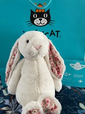 Jellycat Cream Plush Bunny with Floral-Eared Design—NEW